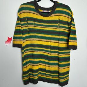 Urban Outfitters UO Short Sleeve Distressed Sweater Green Yellow Black Sz Medium
